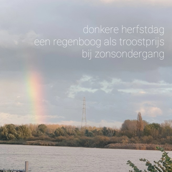 Donkere herfstdag / een regenboog als troostprijs / bij zonsondergang